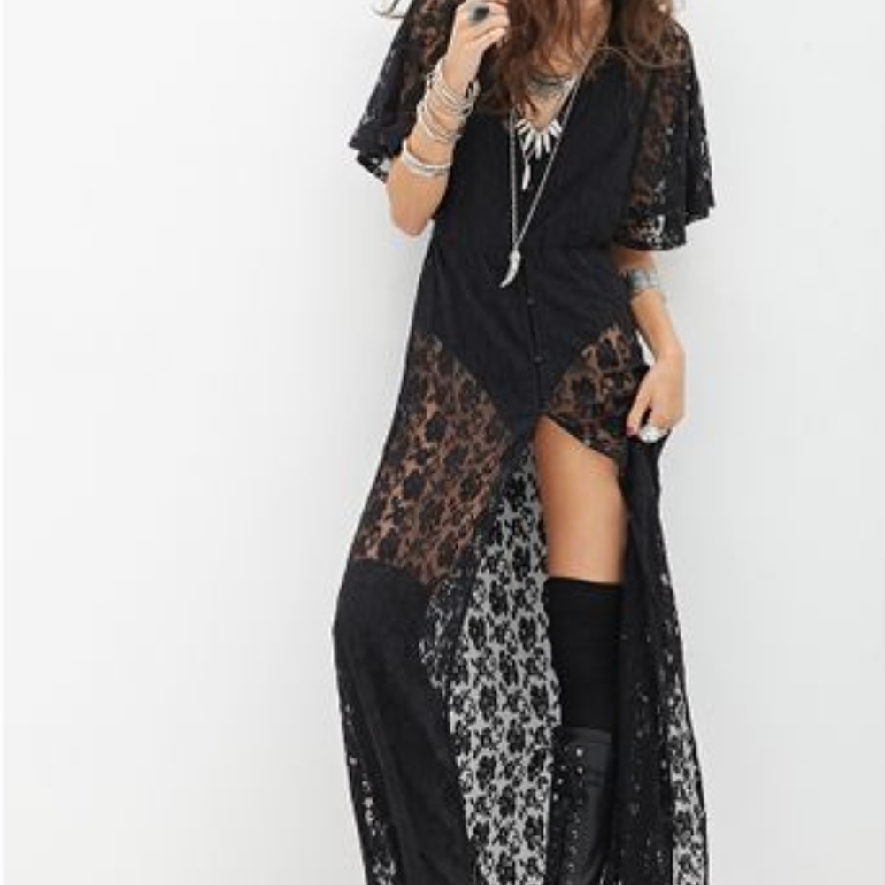 Black Buttoned Lace Maxi Dress